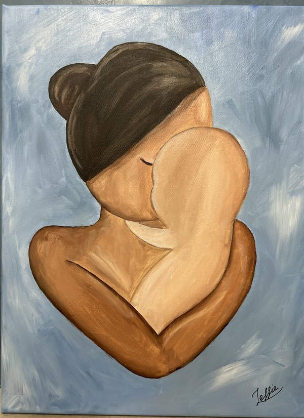 Painting of a woman with her hair in a bun, curled into an embrace, on a pale blue ground