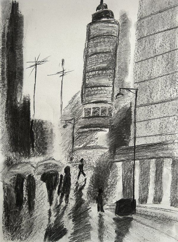 Charcoal drawing of a rainy city street with figures under umbrellas