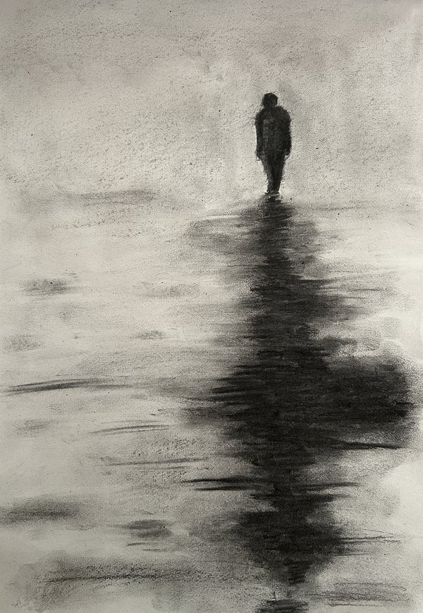 Charcoal drawing of a lone figure on a wet shoreline with a long reflection