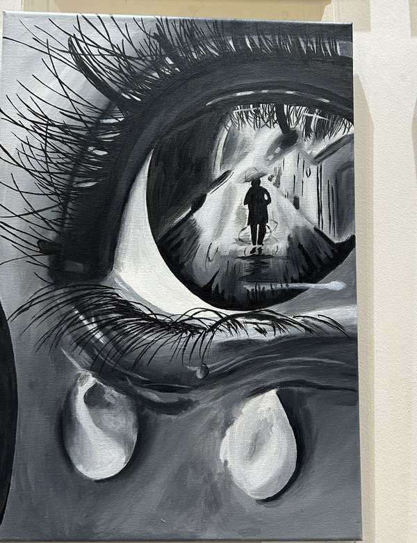 Monochrome painting of a large eye with a tear, a lone figure walking within the iris